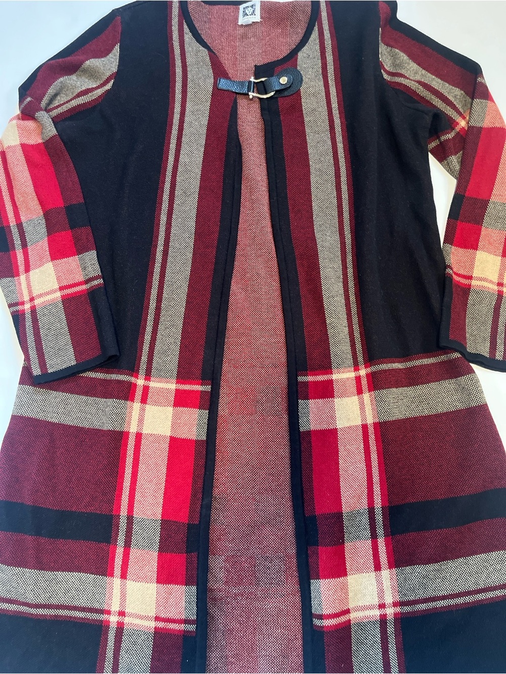 Anne Klein Red Black and Cream Plaid Open Cardigan Coat